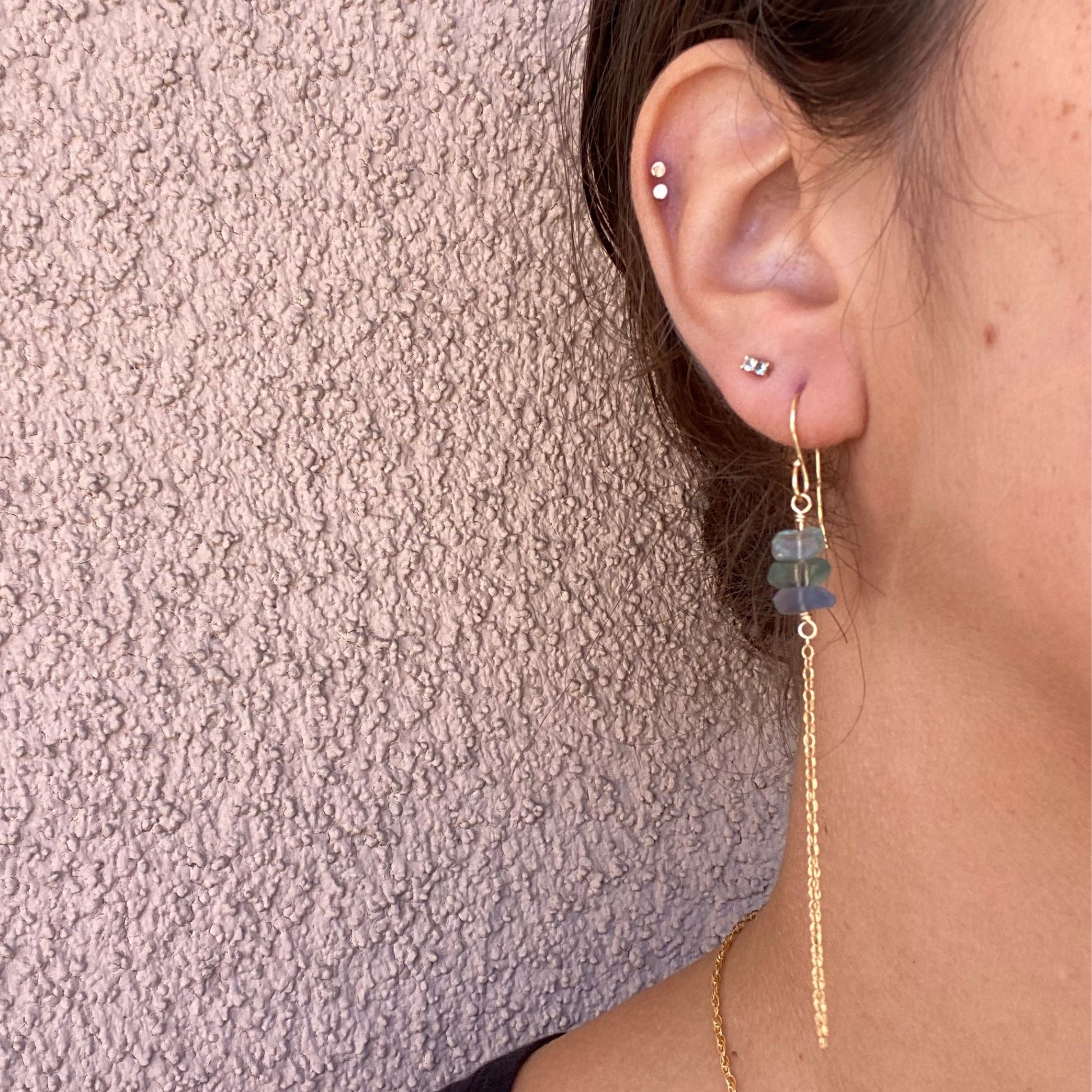 Close-up of long earrings on a model, with three blue-green fluorite gems and gold chains below. Only the model’s ear is visible.